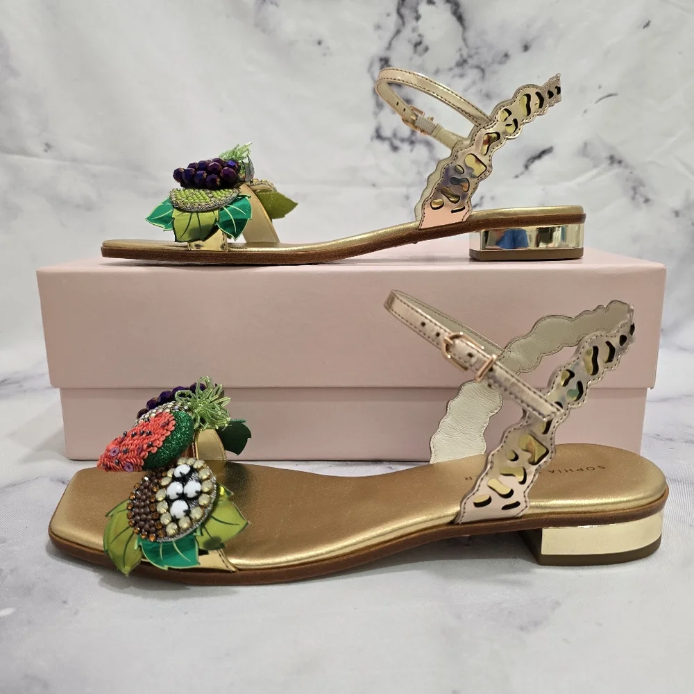 🍉🍍 SOPHIA WEBSTER 🍇🍋 Lilico Fruit Flat Sandal Rose Gold - EU 38.5 - HTF EUC